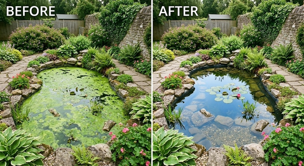 Garden Pond with Algae removed before and after