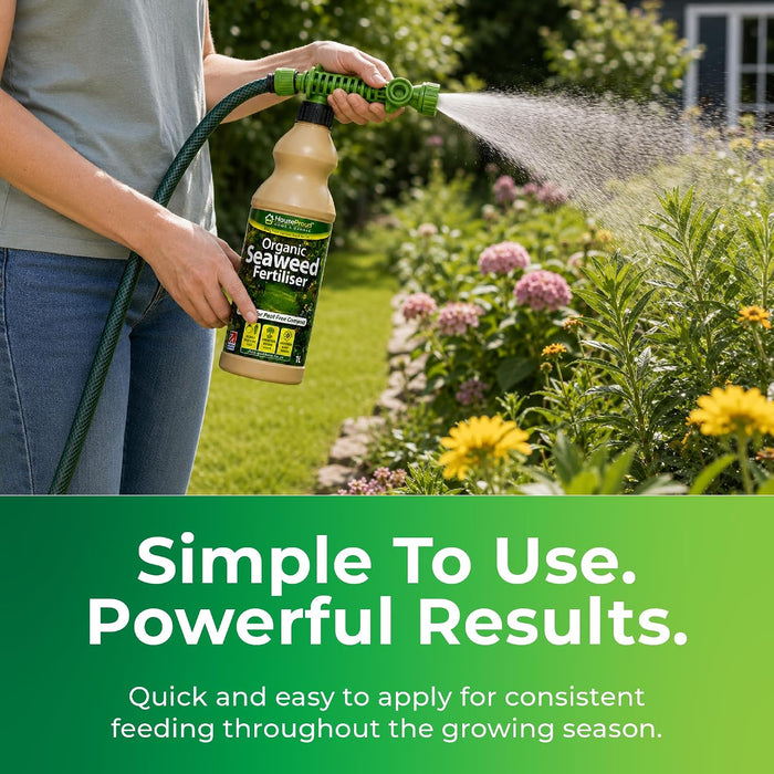 Liquid Seaweed Fertiliser 1L with Hose Attachment - Plant Food & Lawn Feed - Organic cold-pressed Ascophyllum with amino, fulvic & humic acids.