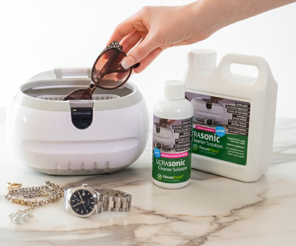 Person using a ultrasonic cleaner with cleaning solution and jewelry on a marble surface