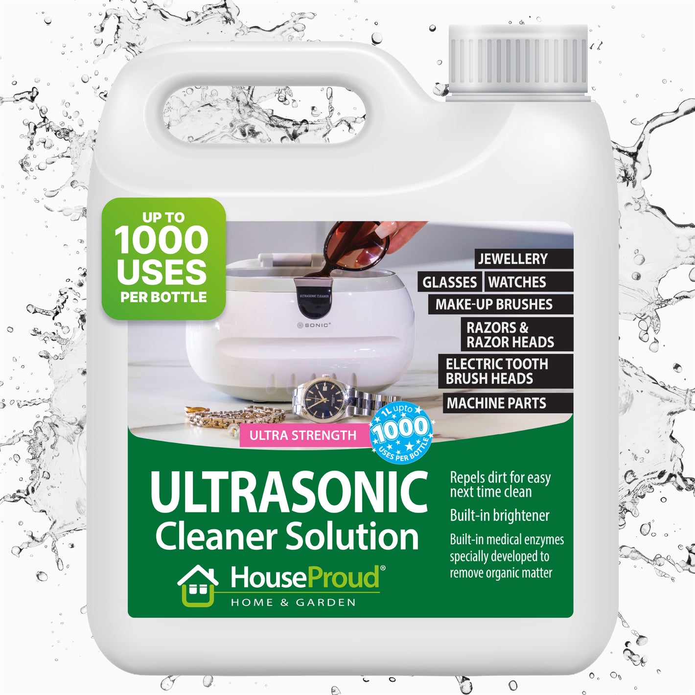 HouseProud Ultrasonic Cleaner Solution 1L – Concentrated Jewellery, Denture & Glasses Cleaning Fluid, Up to 1000 Uses