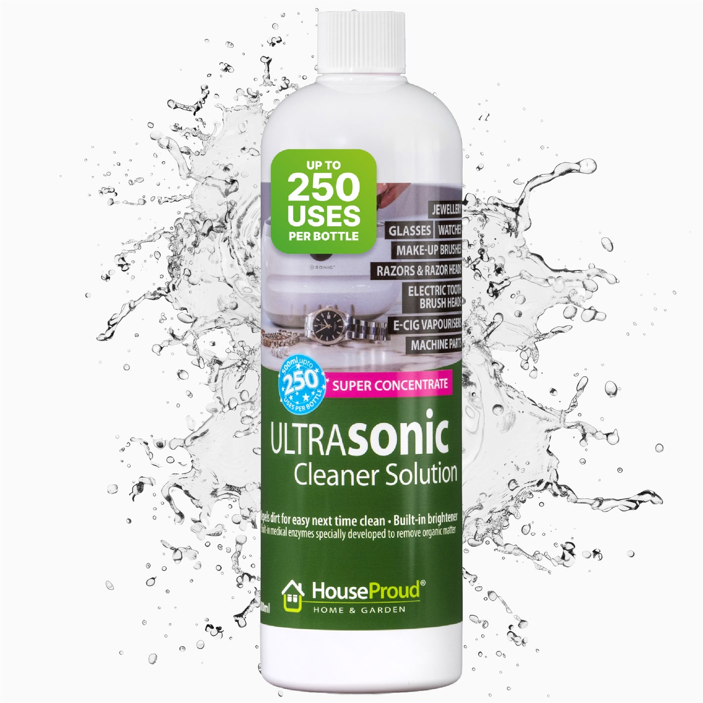 HouseProud Ultrasonic Cleaner Solution 500ml – Concentrated Jewellery, Denture & Glasses Cleaning Fluid, Up to 250 Uses