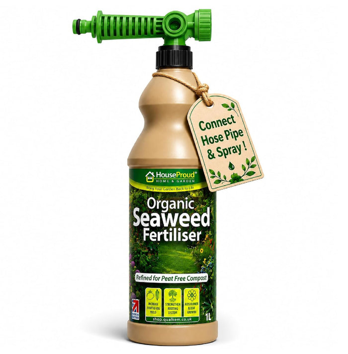 Liquid Seaweed Fertiliser 1L with Hose Attachment - Plant Food & Lawn Feed - Organic cold-pressed Ascophyllum with amino, fulvic & humic acids.